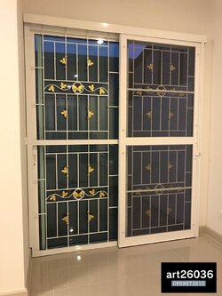 เหล็กดัดสีอบพร้อมมุ้งลวด ลายผีเสื้อ ผ้าม่าน บานประตู