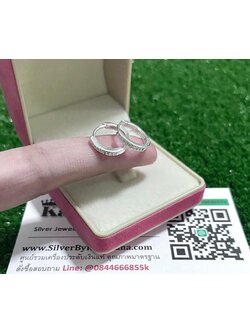 ต่างหูห่วงเงินแท้ ประดับเพชร หนา 2 มิล กว้าง 1.4 ซม.