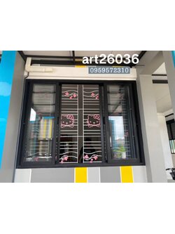 เหล็กดัดสีอบสีดำ ลายคิตตี้ชมพู มุ้งลวด