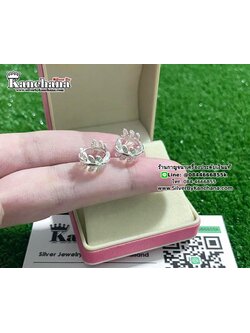 ต่างหูห่วงเงินแท้ ประดับเพชร หนา 7 มิล ห่วงกว้าง 1 ซม. งานสวยๆ