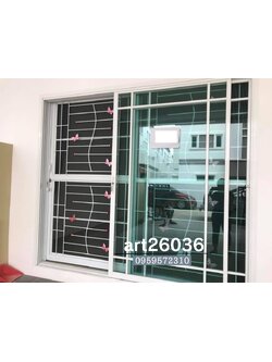 เหล็กดัดประตู ขาว ผีเสื้อชมพู มุ้งลวด