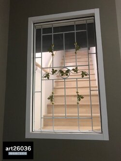 เหล็กดัดสีอบพร้อมมุ้งลวด หน้าต่าง ลายผีเสื้อ กรอบขาวพร้อมผ้าม่าน