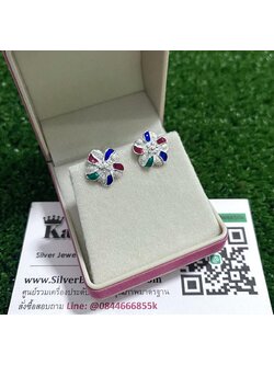 ต่างหูเงินแท้ ลงยาสี ดอกไม้ ขนาด 1.2 ซม.