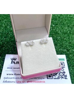 ต่างหูเงินแท้ ประดับเพชร สวยๆ หน้ากว้าง 1.1 ซม. สูง 5 มิล