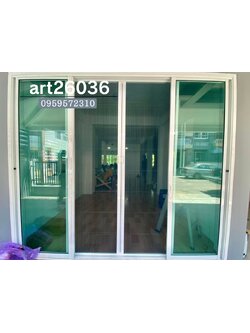 เหล็กดัดประตูบานเลื่อน มินิมอล กระจกสีเขียว มุ้งลวด