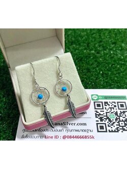 ต่างหูเงินแท้ แบบคล้อง งานลงยา ประดับเทอร์ควอยซ์ ต่างหูสูง 3.3 ซม. กว้าง 1.2 ซม.