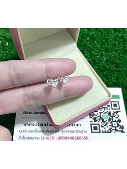ต่างหูเงินแท้ ประดับเพชร หัวใจ กว้าง 5 มิล