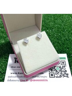 ต่างหูเงินแท้ ประดับเพชร หัวใจ กว้าง 6 มิล