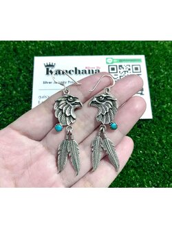 ต่างหูเงินแท้ แบบคล้อง งานลงยา นกอินทรี ประดับเทอร์ควอยซ์แท้ ขนาดต่างหู กว้าง 1.7 ซม. สูง 5 ซม.