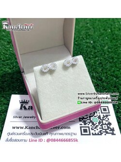 ต่างหูเงินแท้ ประดับเพชร หน้ากว้าง 1.1 ซม. สูง 5 มิล