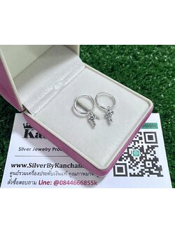 ต่างหูห่วงเงินแท้ ตุ้งติ้ง ประดับเพชร หนา 1.2 มิล ห่วงกว้าง 1.2 ซม. ไม้กางเขน ประดับเพชร กว้าง 6 มิล สูง 8 มิล