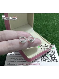 ต่างหูห่วงเงินแท้ ประดับเพชร หัวใจขนาด 4 มิล กว้าง 1 ซม.