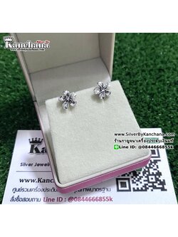 ต่างหูเงินแท้ งานลงยา ดอกไม้ ขนาด 9 มิล