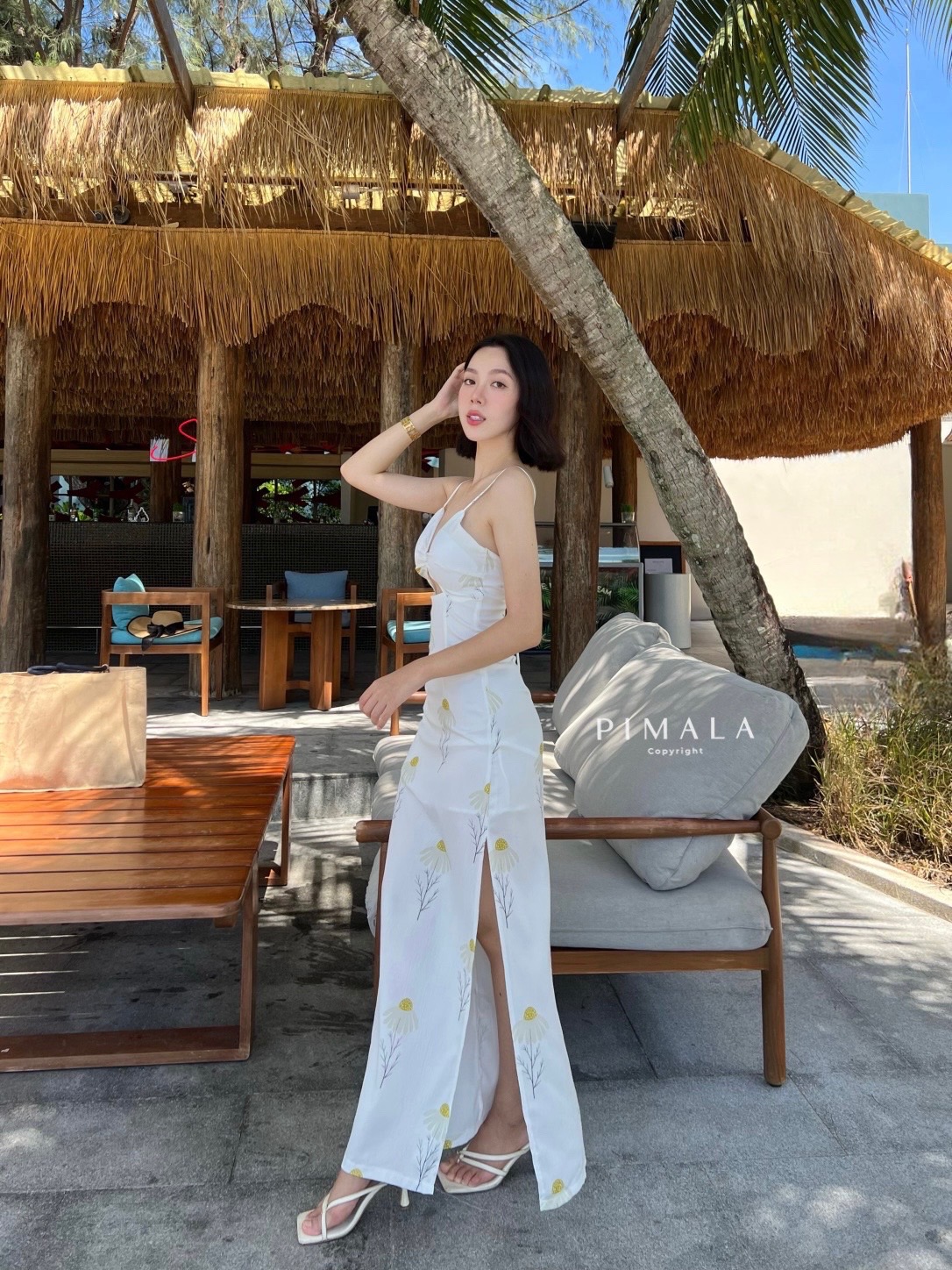 Maxi dressเดรสยาวสายเดี่ยวผูกโบว์ด้านหลังสายปรับได้