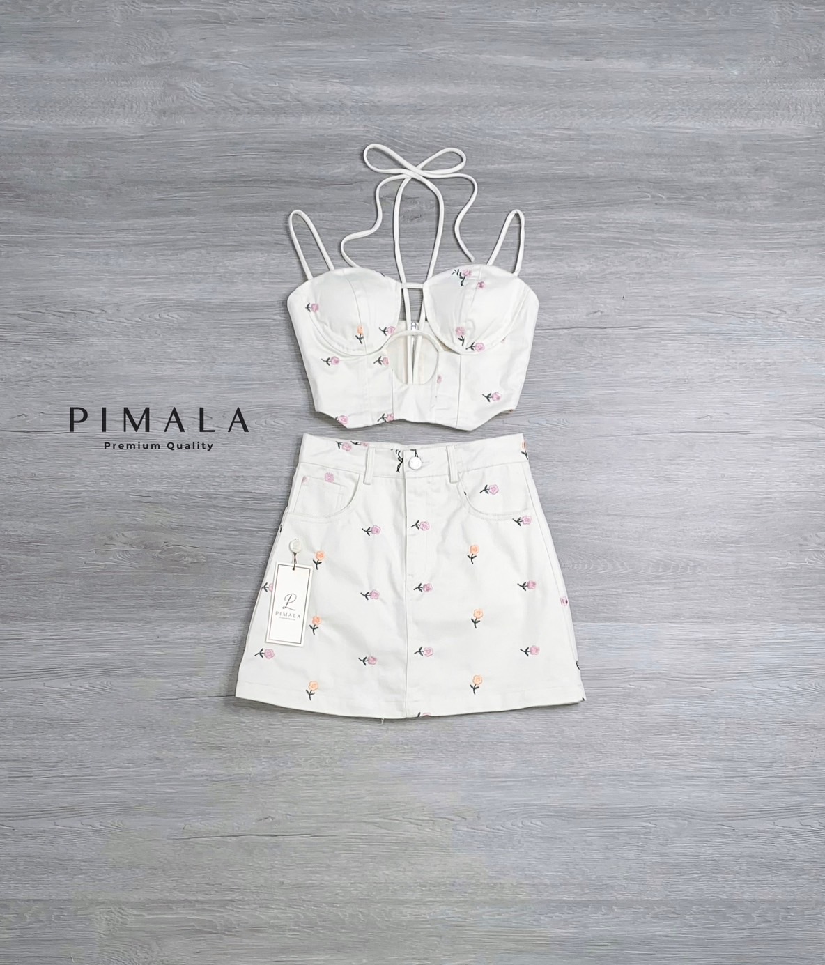 SETเสื้อ+กระโปรง เซ็ทเสื้อสายเดี่ยวมีสายผูกคอเก๋ๆ