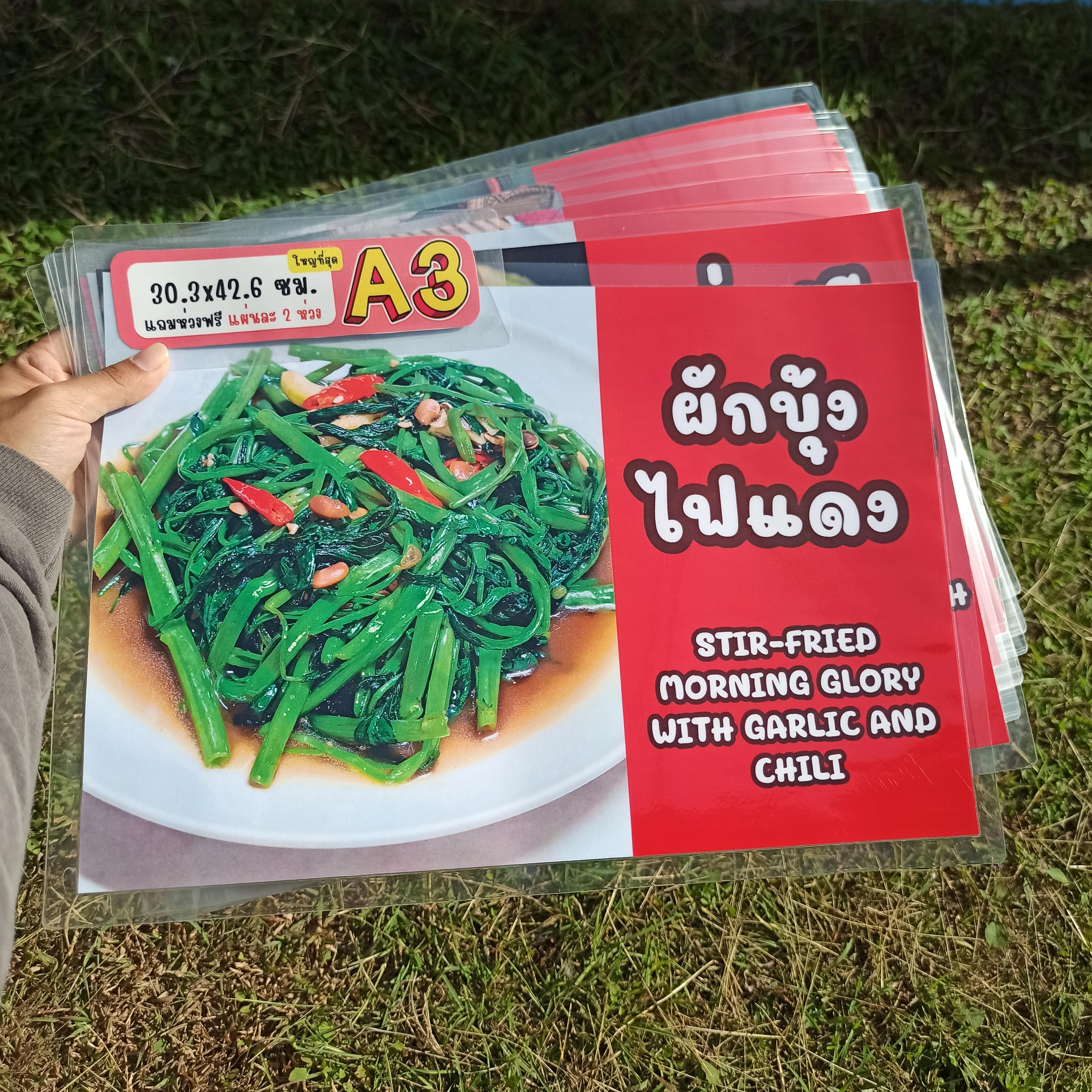 ชุดป้ายเมนู A3 อาหารทะเล 7 แผ่น | ผักบุ้งไฟแดง, กะหล่ำปลีทอดน้ำปลา, ปลากระพงทอดน้ำปลา, ปลากระพงนึ่งมะนาว | เพิ่มยอดขายร้านของคุณทันที! | รหัส 3977