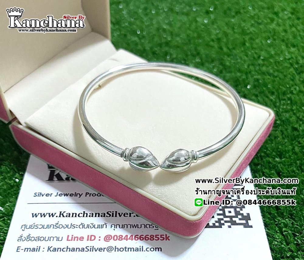 กำไลข้อมือเงินแท้ หัวบัว ขนาด 9 มิล กำไลหนา 3 มิล เส้นผ่าศูนย์กลางด้านใน 6 ซม.