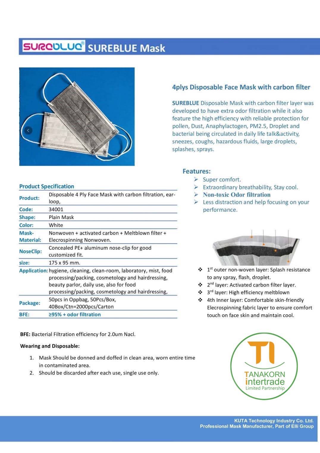 Sureblue 4ply Activated Carbon Disposable Face Mask