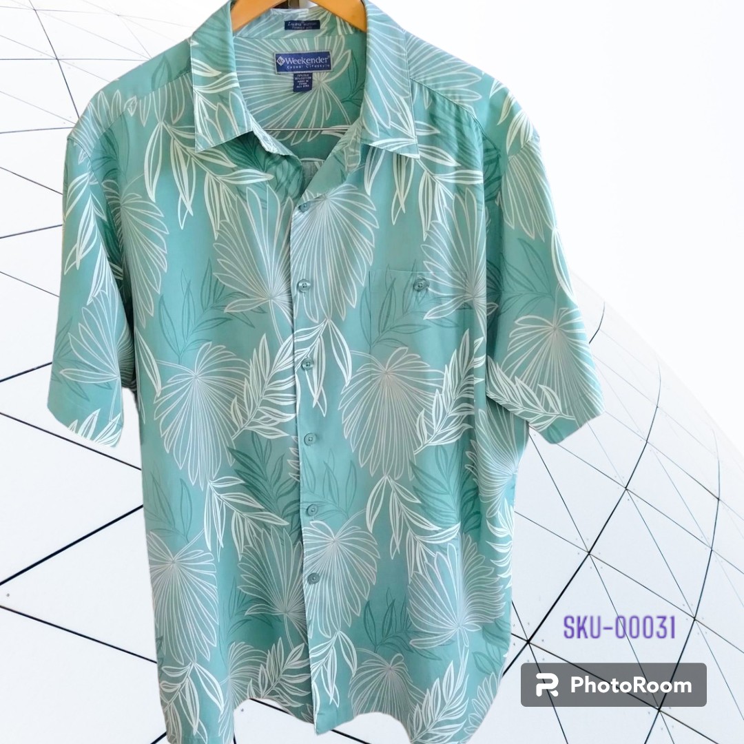 เสื้อฮาวายมือสอง ป้าย Weekender ลายใบปาล์ม ใบไม้ ผ้า 70% Silk 30% Cotton ไหล่ 21 อก 27 ยาว 32 กระเป๋าต่อลาย ราคา 250 บาท ค่าจัดส่งเหมา ๆ 30 บาท (สั่งกี่ตัวก็ได้)