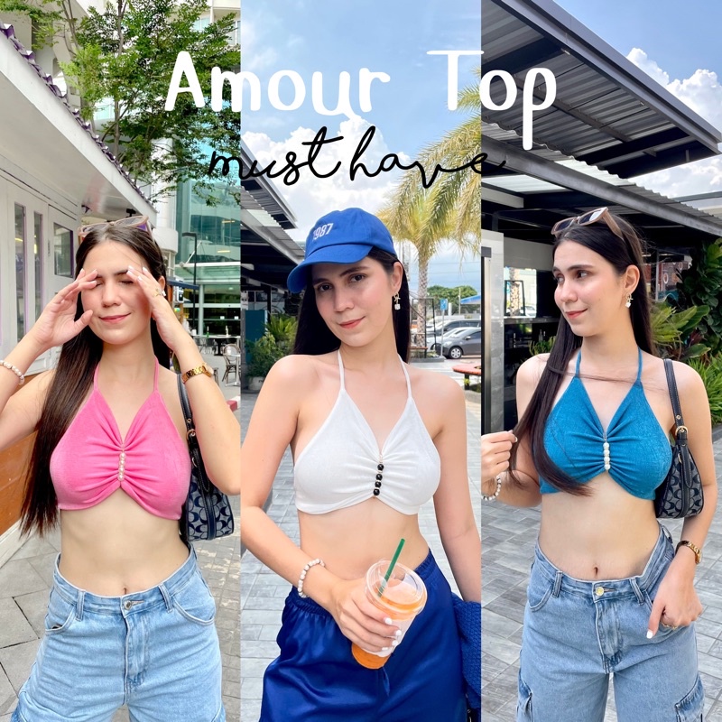 🔥Amour Top🔥 เสื้อคล้องคอผูกหลัง ผ้ากลิตเตอร์ 2 ชั้น แถมฟรีเข็มกลัดมุก สวยแพงมากก เซกซี่สุดๆ ใส่ได้ทั้ง2แบบ💕