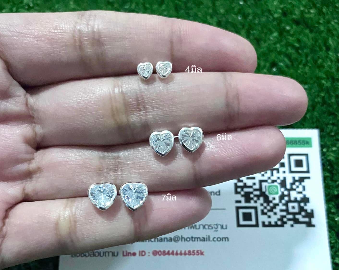ต่างหูเงินแท้ ประดับเพชร หัวใจ กว้าง 4 - 7 มิล