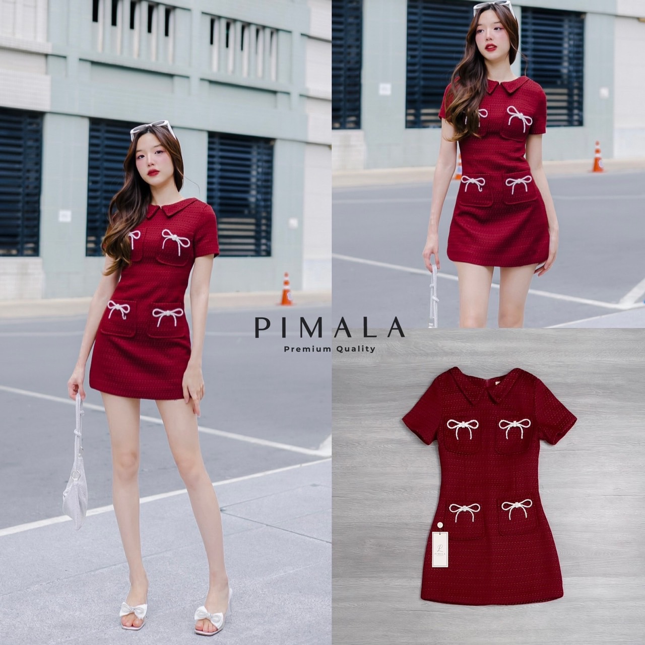 เดรสแขนสั้นสีแดงทรงน่ารัก