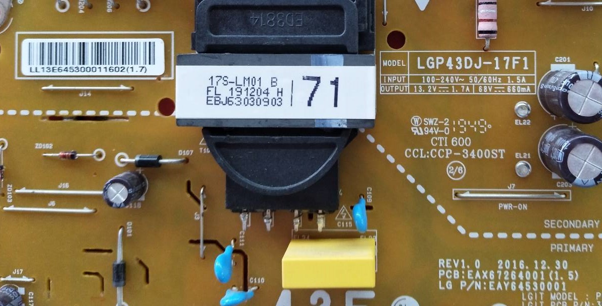 POWER SUPPLY LG (ซับพลาย แอลจี) ของแท้ถอดจากเครื่อง ใช้กับรุ่น 43LJ550T.ATD :43LJ550T.ATM :43LJ550T.ATM :43LK5700PTA.ATM :43LM5700PTC.ATM พาร์ท EAY64530001 :EAX67264001