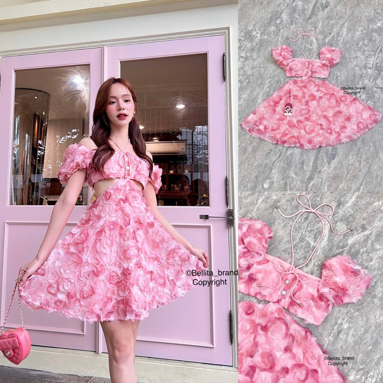 ⟡˒𝓑𝑒𝑙𝑙𝑖𝑡𝑎 เดรสสั้นผ้าสีชมพูไล่สี ลายดอกกุหลาบ คล้องคอ