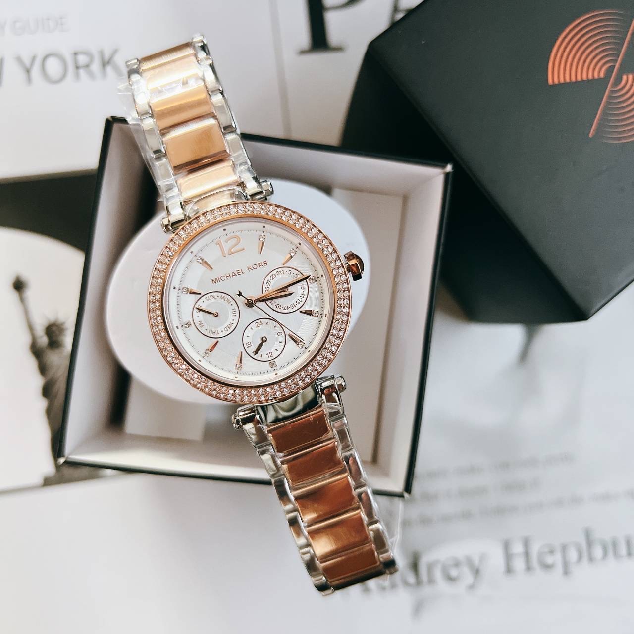 New Michael koes Women's Parker Multifunction Two-Tone Stainless Steel Watch กล่อง watch station