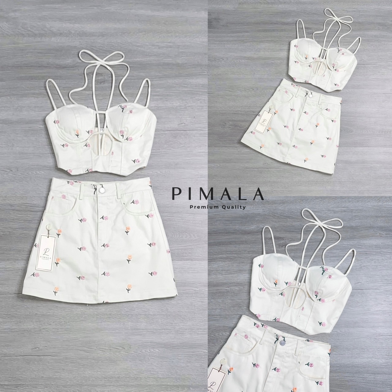 SETเสื้อ+กระโปรง เซ็ทเสื้อสายเดี่ยวมีสายผูกคอเก๋ๆ