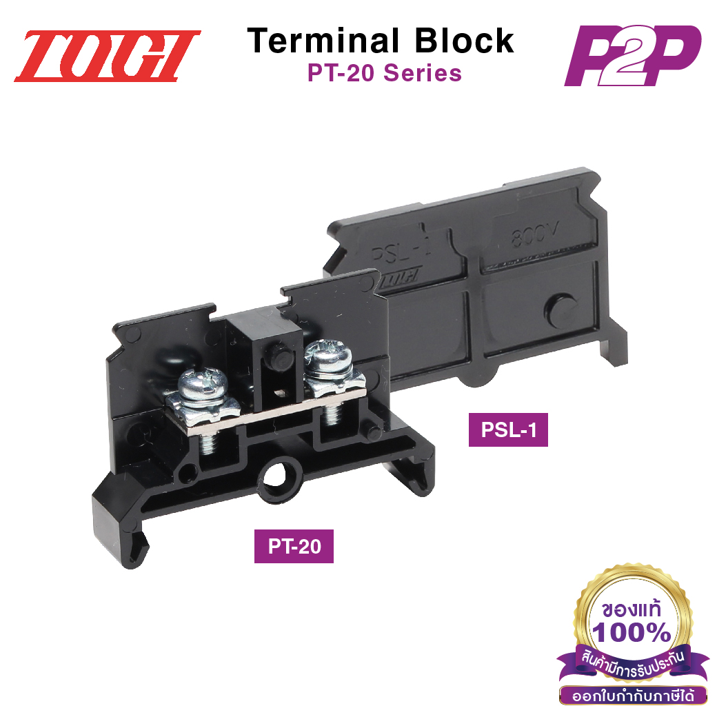TOGI Terminal Block PT-20 Series PT-20 + End Plate for PT-20 AC/DC 800V 16-22A/1.25-2mm² AWG20~14 (Screw) M3.5