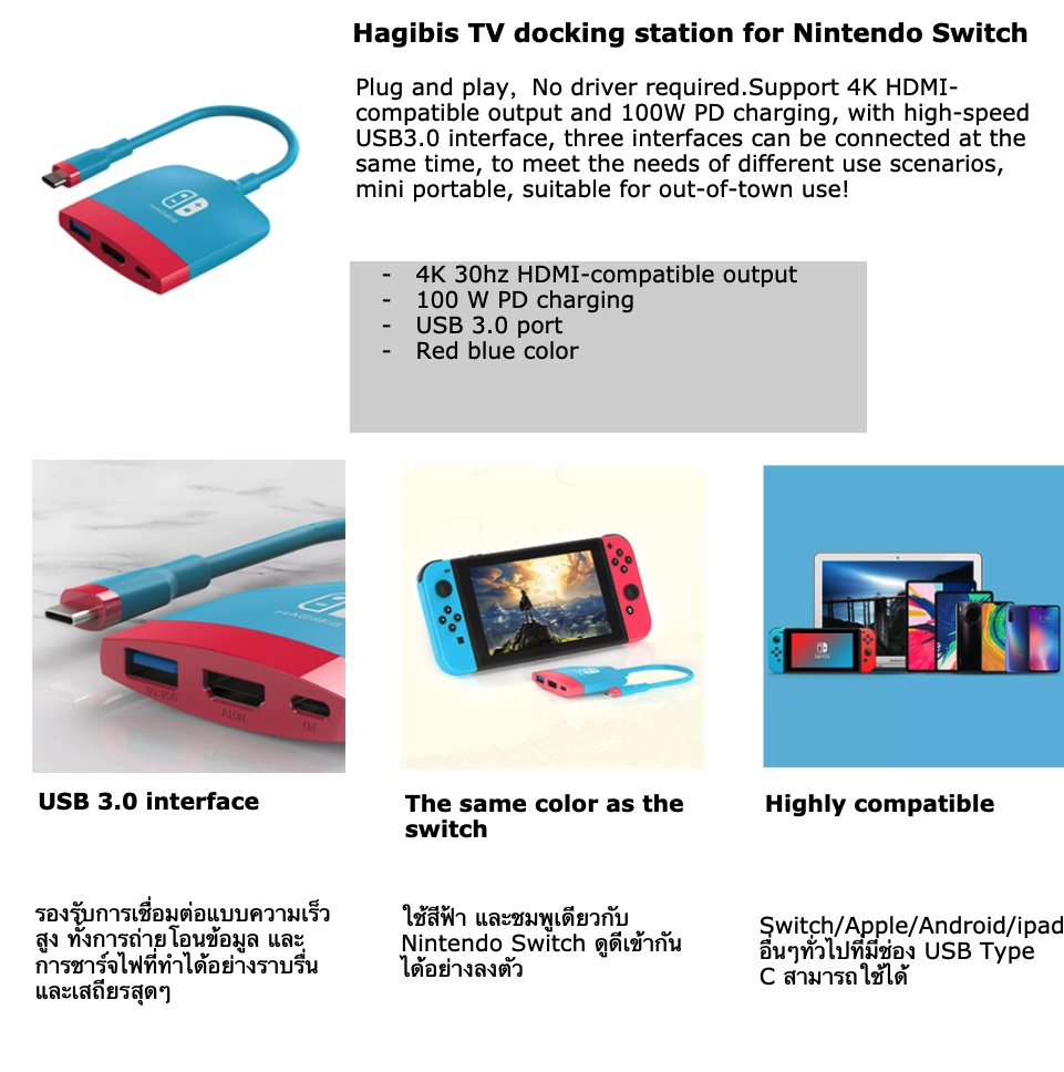 [ออกใบกำกับภาษีได้]พร้อมส่งจาก กทม Switch Dock for Nintendo Switch, Hagibis Portable TV Dock Charging Docking Station with HDMI-compatible and USB 3.0 Port