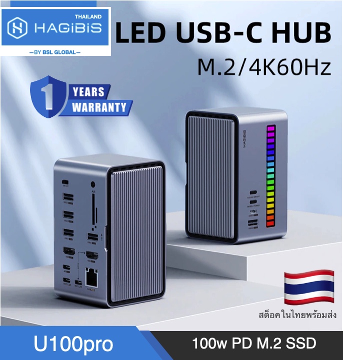 [ออกใบกำกับภาษีได้]พร้อมส่งจาก กทม Hagibis U100pro USB C Docking Station Dual Monitor, LED Strip Light USB-C Hub Type-C Adapter with HDMI, M.2 SSD 100W PD