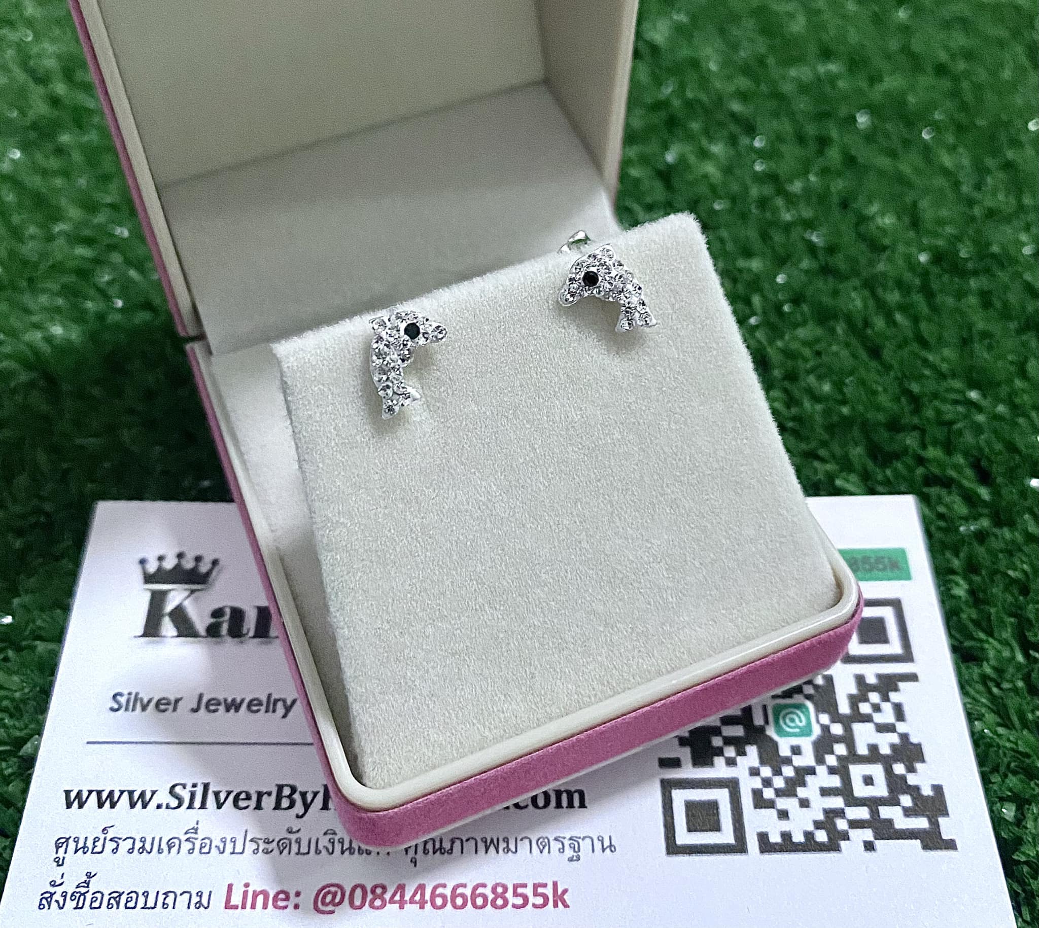ต่างหูเงินแท้ ประดับเพชร สวยๆ โลมา กว้าง 7 มิล สูง 9 มิล สนใจสอบถามได้จ้า