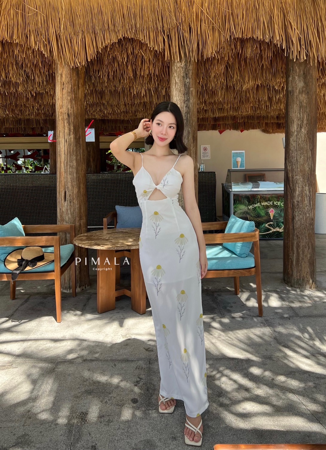 Maxi dressเดรสยาวสายเดี่ยวผูกโบว์ด้านหลังสายปรับได้