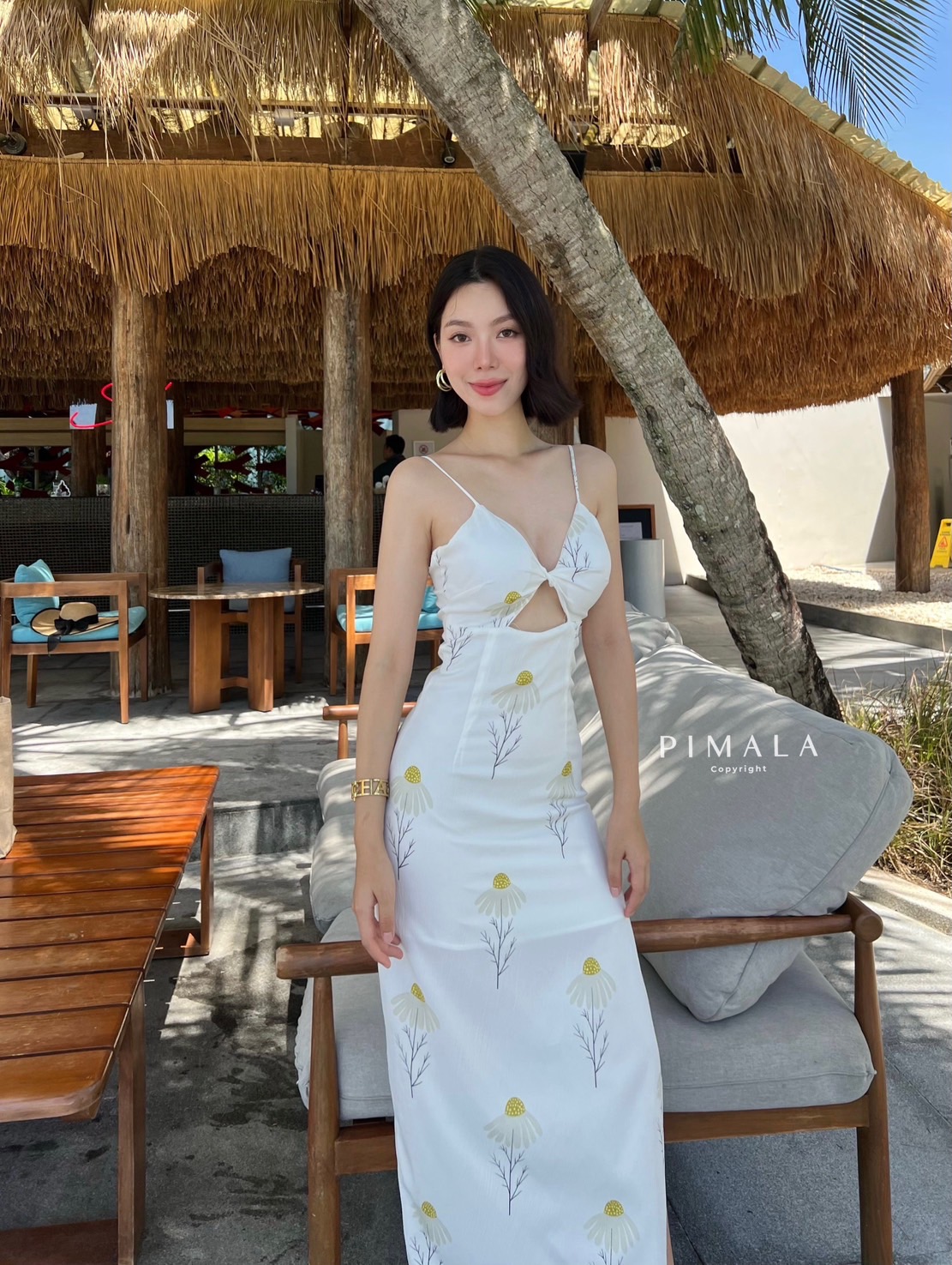 Maxi dressเดรสยาวสายเดี่ยวผูกโบว์ด้านหลังสายปรับได้