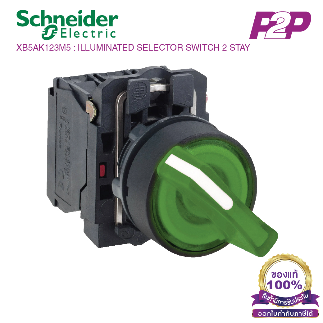 XB5AK123M5 : สวิตซ์ซีเลคเตอร์มีไฟ 2 POS แบบค้าง Ø22mm พลาสติก สีเขียว 230-240VAC 1NO+1NC - Schneider Electric - Illuminated Selector Switches by pik2pak.com