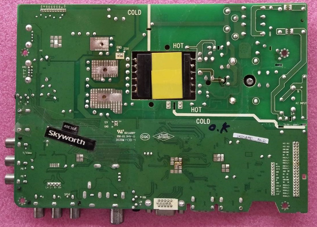 One Board SKYWORTH (วันบอร์ด สกายเวิร์ท) ของแท้ถอดจากเครื่อง ใช้กับรุ่น 40E360 พาร์ท 5800-A6M62E-0P40 ทีบาร์V400HJ6-PE1