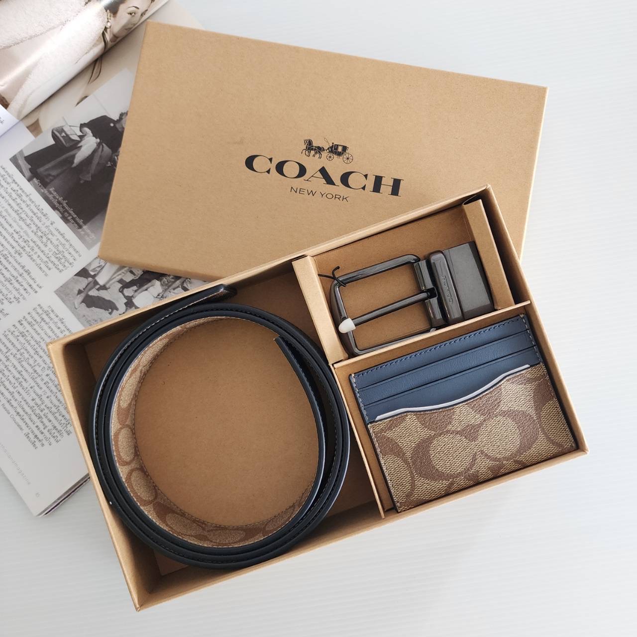 New Coach Boxed Card Case And Belt Gift Set In Colorblock Signature Canvas