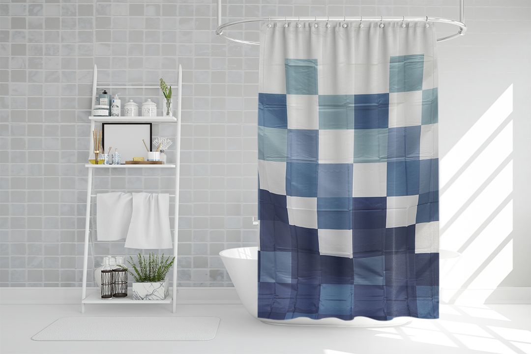 Shower curtain ผ้าม่านห้องน้ำ PEVA ม่านโรงแรม รีสอร์ท ลายตาราง สีน้ำเงินขาว 180x200cm