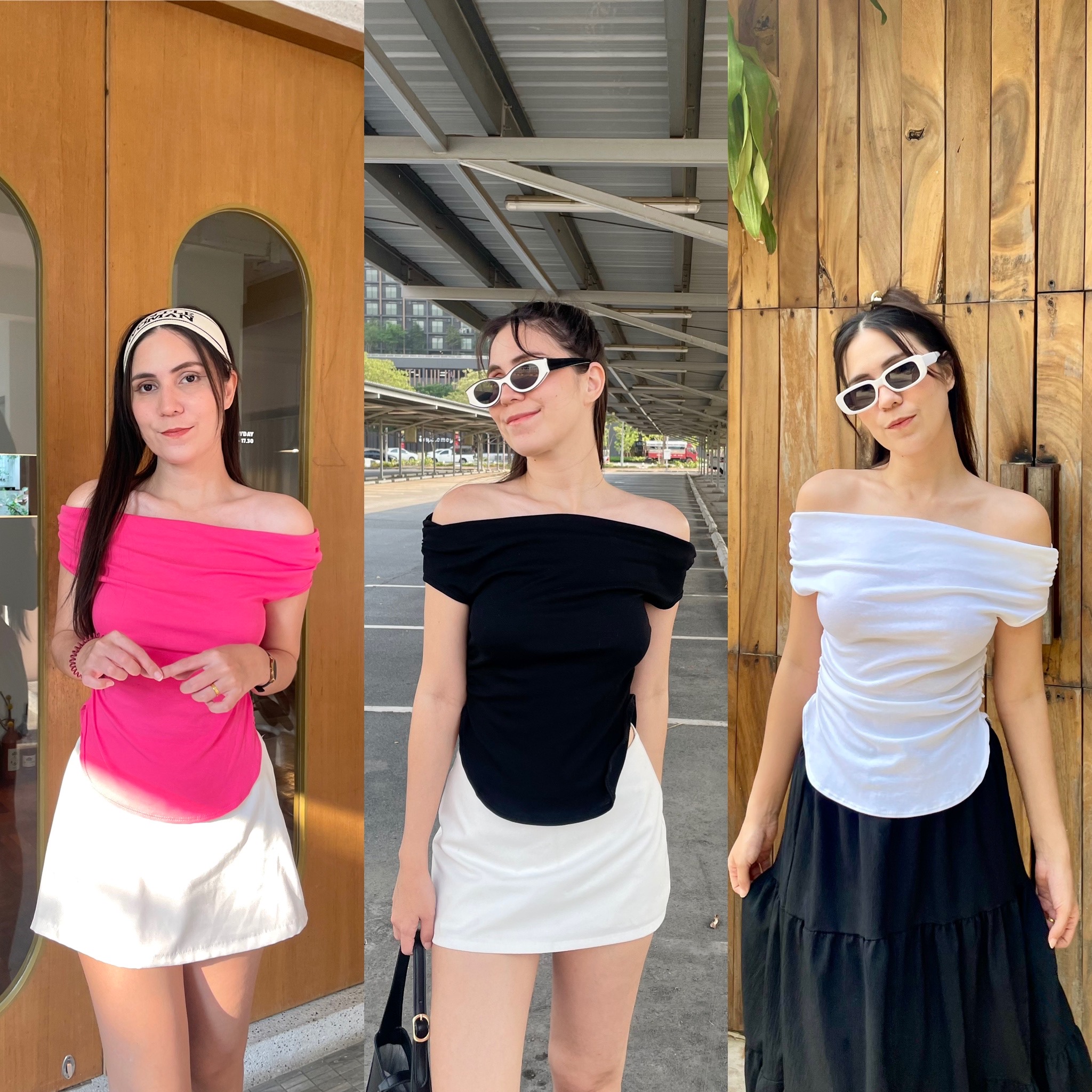 🍬Mildy Top🍬 เสื้อปาดไหล่ ผ้ายูนิโคล่ จีบย่นด้านข้าง
