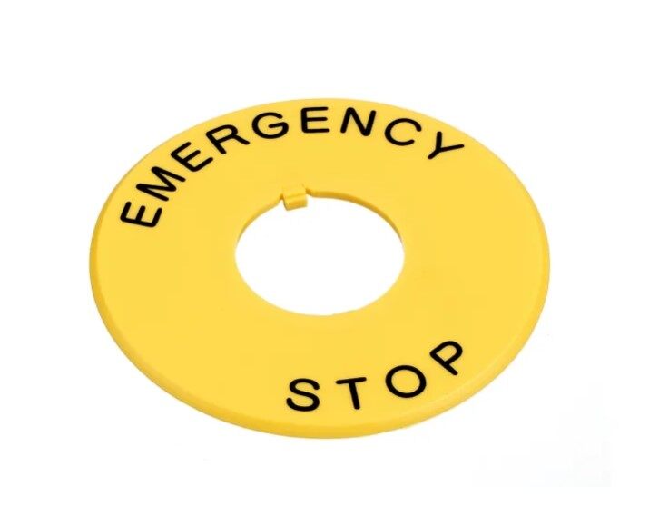 HWAV-27-Y : แผ่นเนมแพลท วงกลม Ø60mm รูปุ่มขนาด Ø22mm - IDEC - Emergency Stop Legend Plate by pik2pak.com