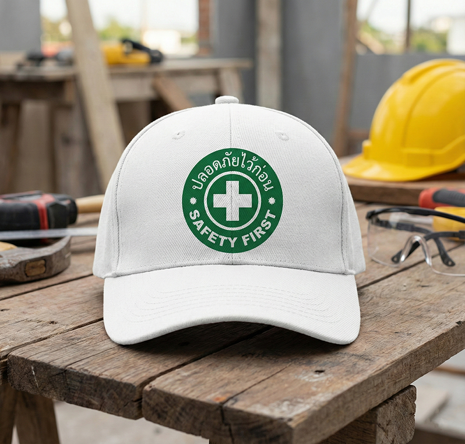 DDpremium&cap | หมวกแก๊ปสกรีนโลโก้ "ปลอดภัยไว้ก่อน" — ภาพใส่จริง