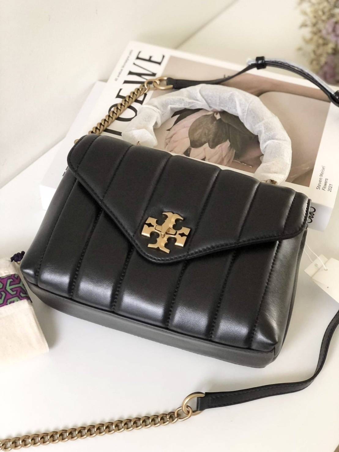 NEW TORY BURCH SMALL KIRA QUILTED SATCHEL Height: 6.4" (16 cm); length: 9.6" (24 cm); depth: 4" (10 cm)