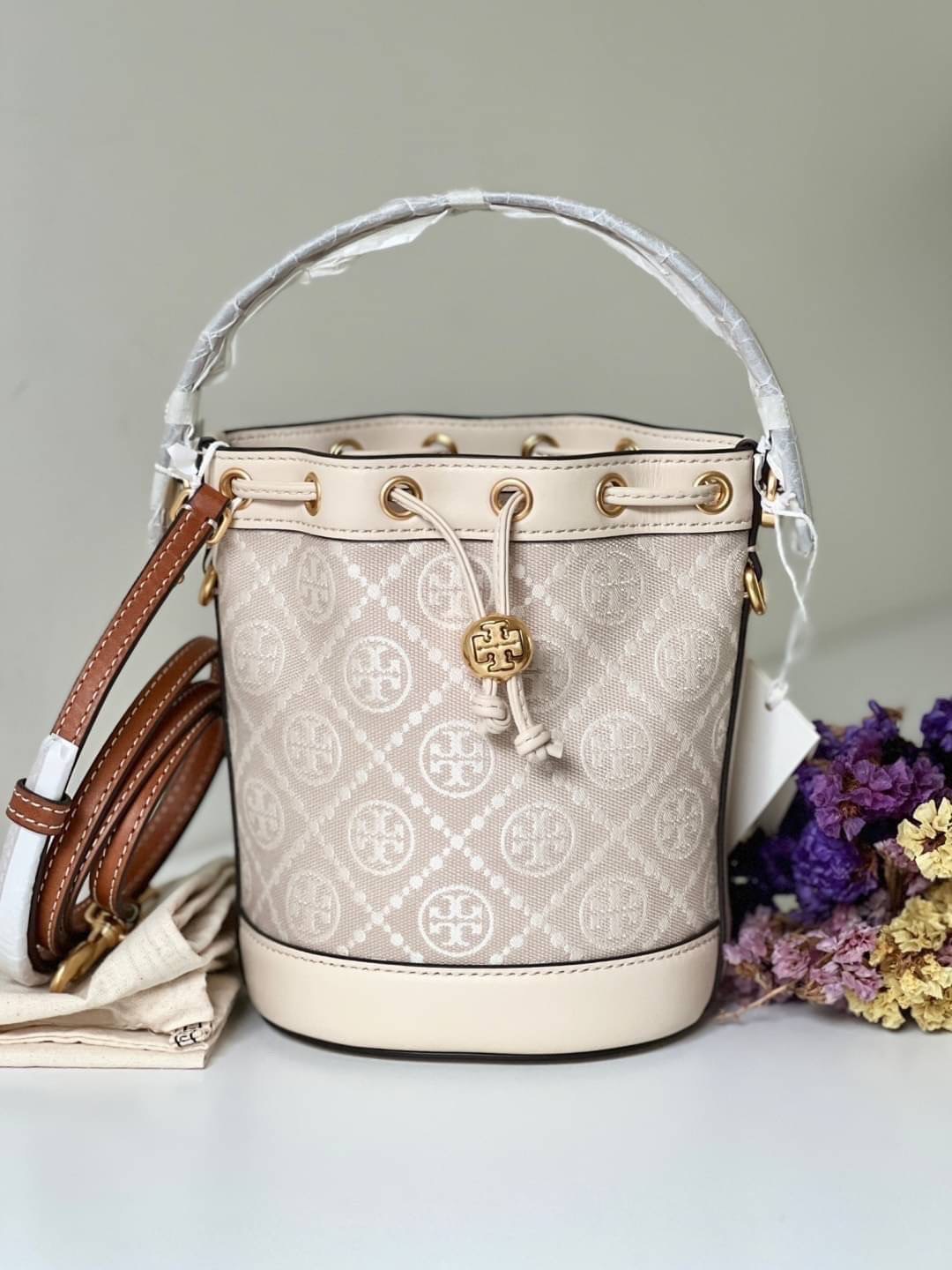 New Tory Burch Mini T Monogram Bucket Bag 5.5" (L) x 7.1” (H) x 3.2” (D)
