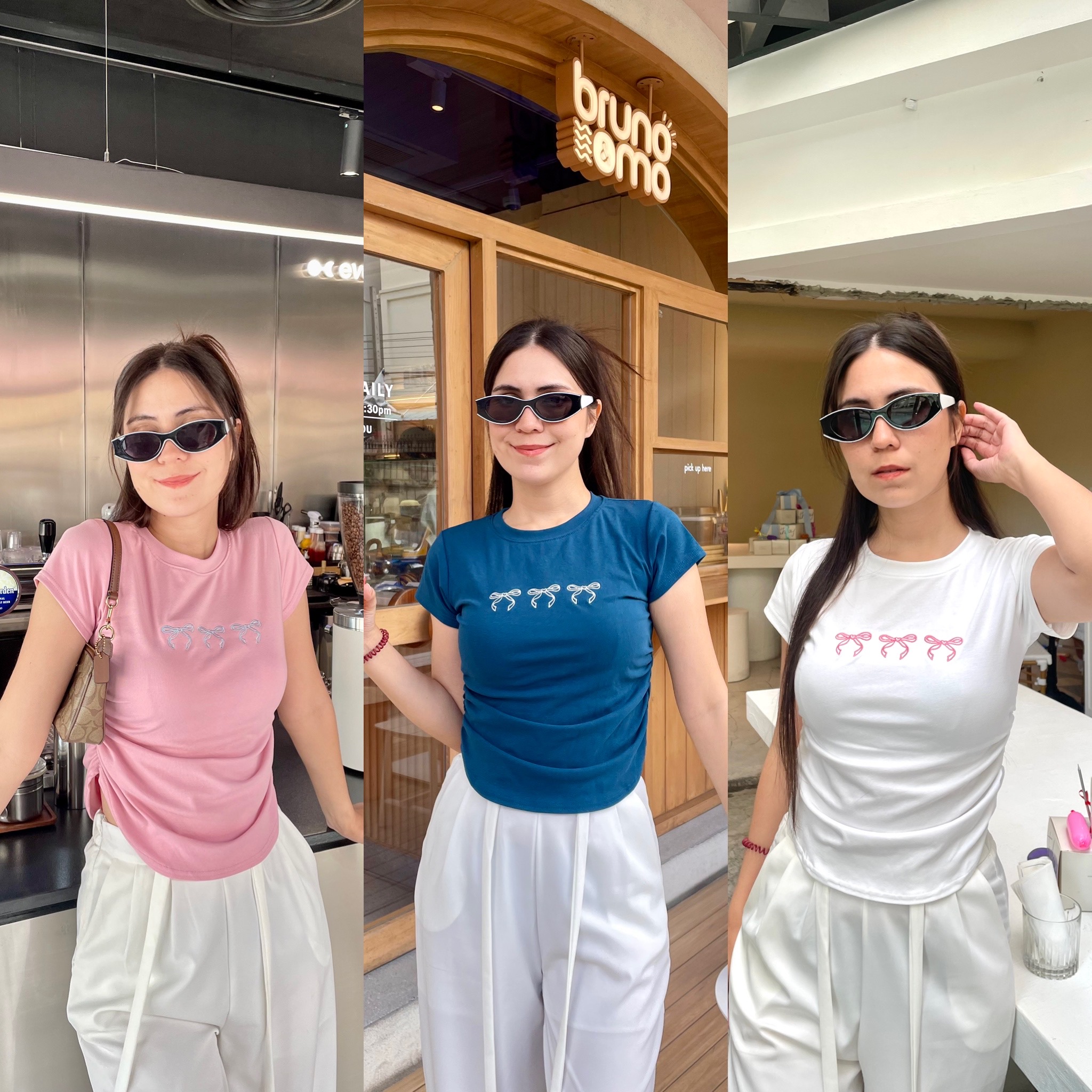 💖Ribbon Mason💖 เสื้อยืดคอกลม ปักลายโบว์ แต่งจีบย่นด้านข้าง