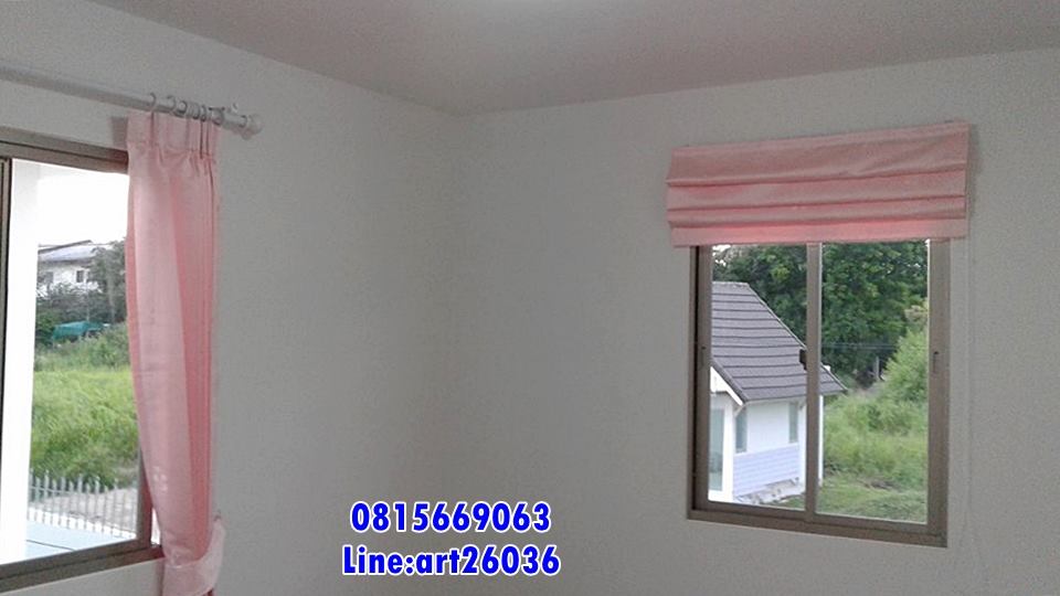 ผ้าม่านจีบ ผ้ามานพับ สีชมพูลายใบไม้ น่ารัก