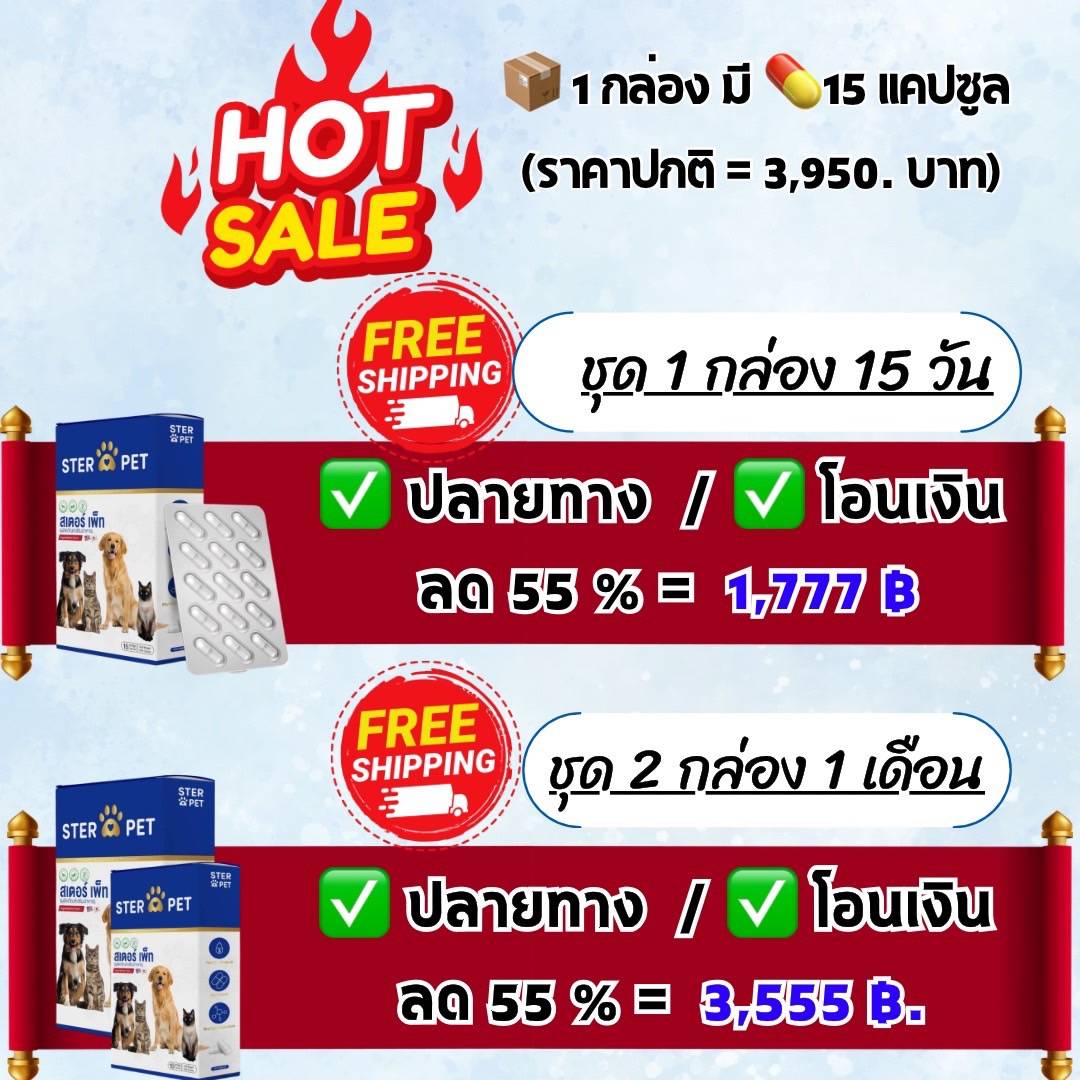 เซตทดลอง สเตอร์ เพ็ท Ster Pet เนื้องอกหมาแมว ก้อนเนื้อหมาแมว มะเร็งสุนัขแมว ลดอักเสบ ลดขนาดก้อนเนื้อ เบื่ออาหาร น้ำหนักลด ไตวายหมาแมว แผลยุบเร็ว ( 15 แคปซูล)