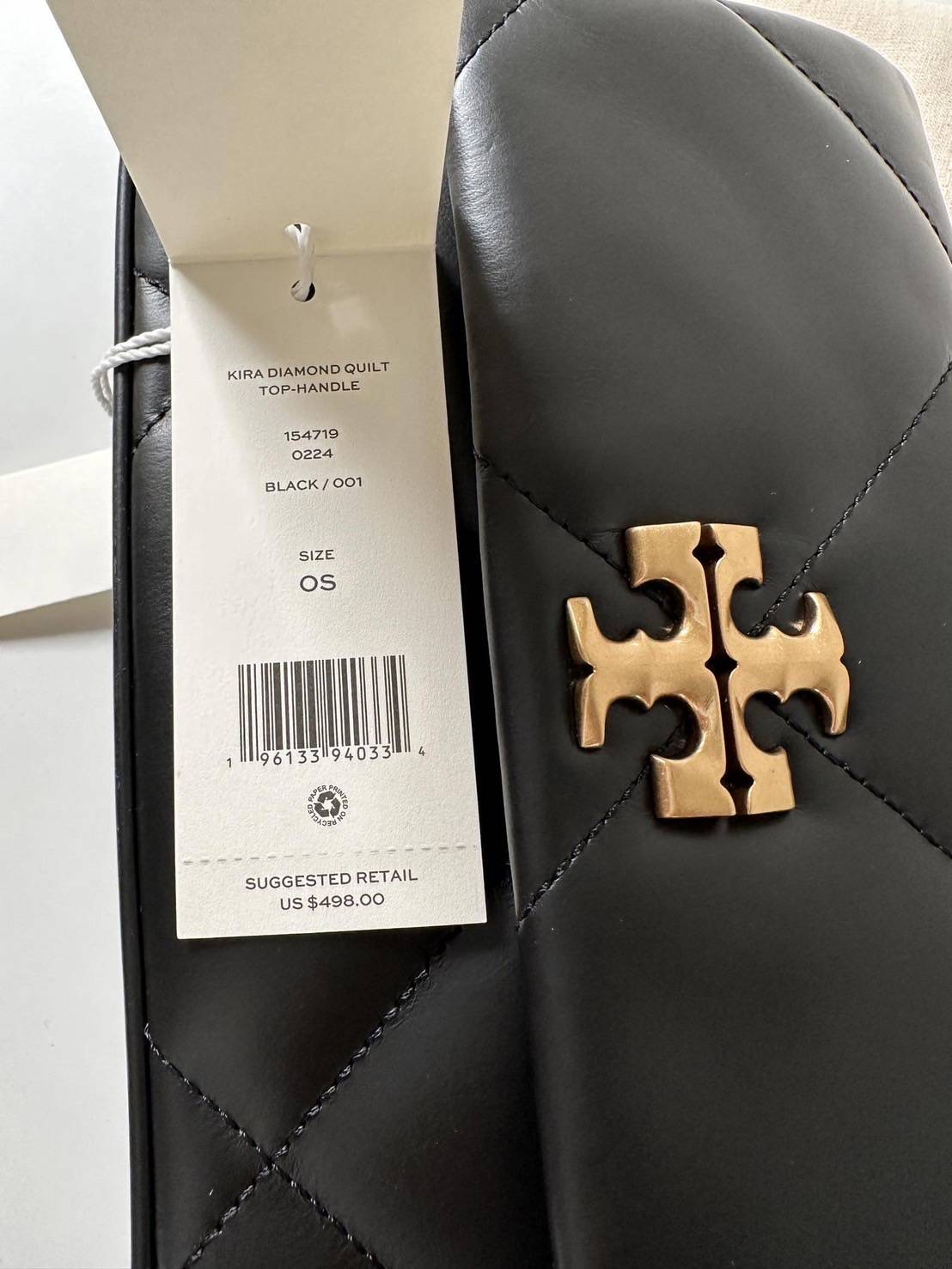 NEW TORY BURCH KIRA DIAMOND QUILT TOP-HANDLE Height: 5.1" (13cm); length: 8.3" (21cm); depth: 2.8" (7cm)