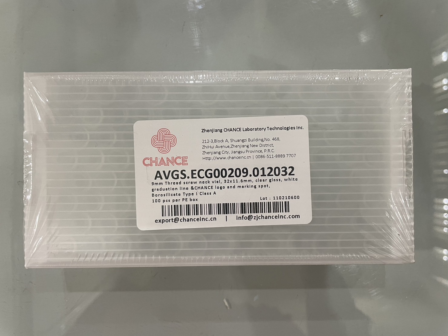 9mm Thread screw neck vial, 32x11.6mm, clear glass, white graduation line and marking spot borosilicate with CHANCE LOGO (100/pk) P/N AVGS.ECG00209.012032